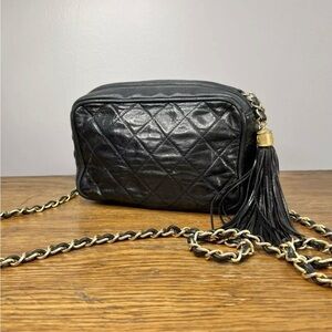 Vintage Chanel Black Leather Camera Bag Gold Hardware Tassel.
